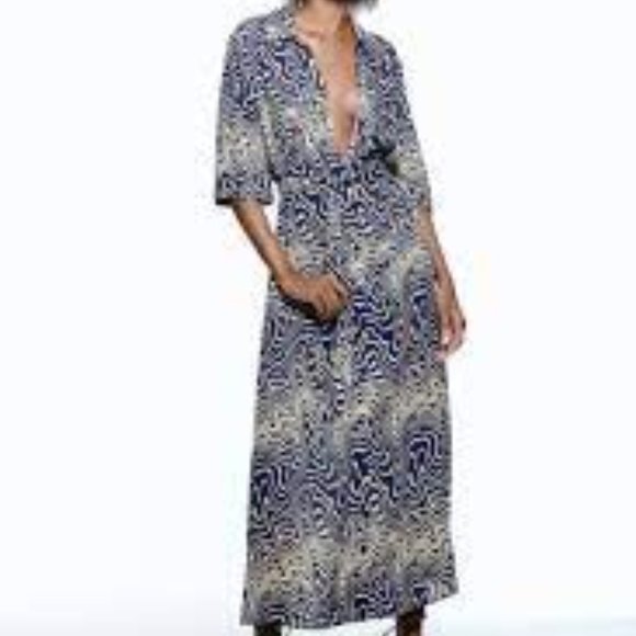 ZARA Long Flowing Geometric Print Midi Dress Belt Blue White Geometric Size M - Picture 6 of 7
